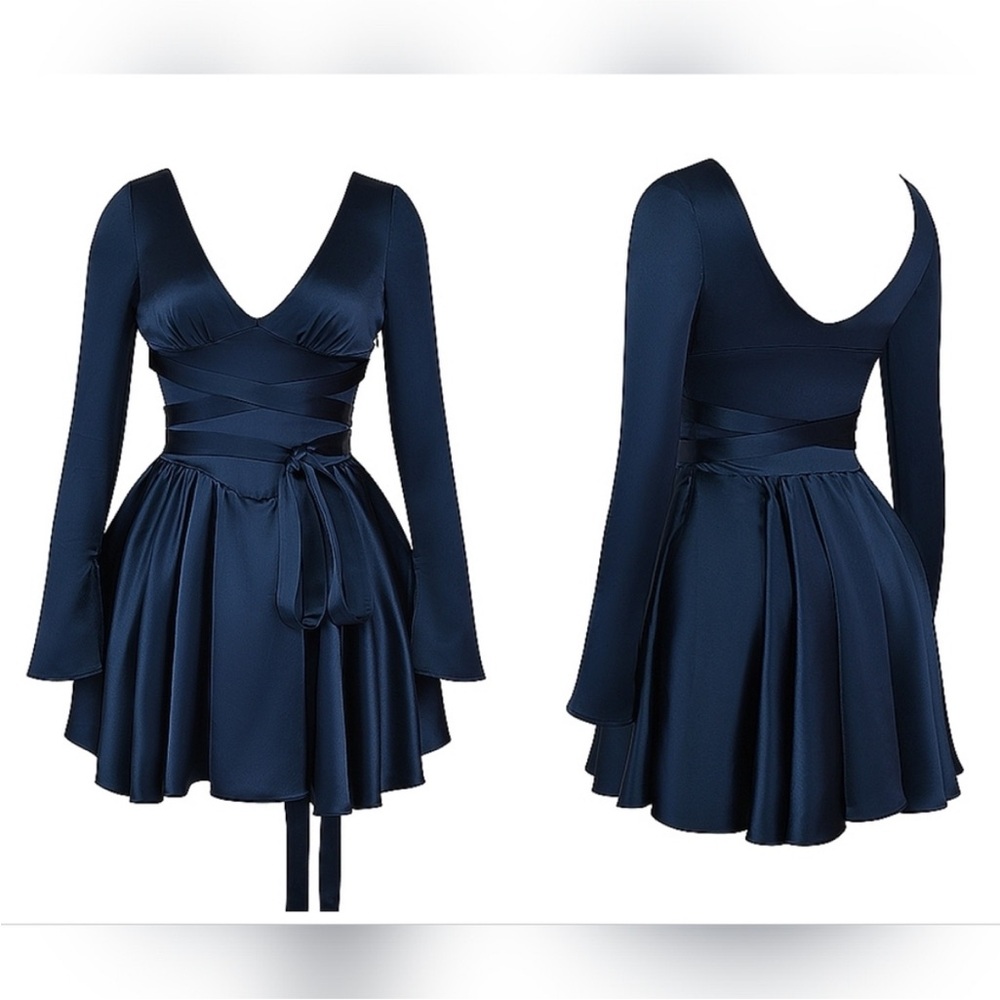 House of CB Dominique Crossover Strap Plunge Spruce Blue Mini Dress Size XS - Picture 6 of 8